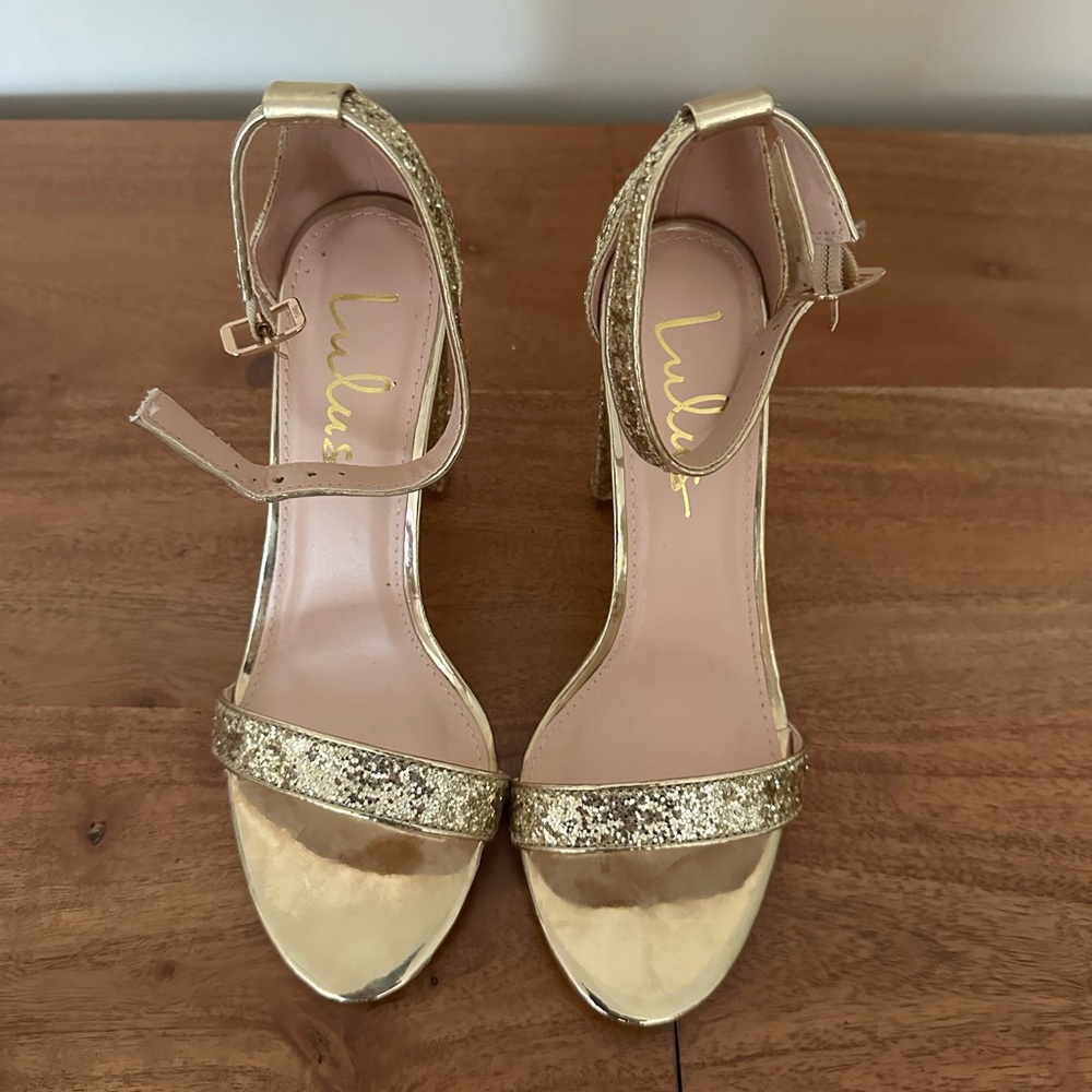 Lulu's Gold Glitter Strap Heels